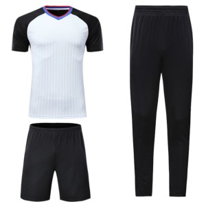 Ensemble de maillots de football pour hommes, blanc et noir rayé, col en V, manches courtes, polyester respirant, coupe classique, vêtements pour toutes les saisons - Product Image 1
