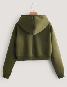 Sudadera con Capucha Corta para Mujer, Color Verde Oliva, Corte Regular, Tejido de Punto, Estilo Casual para Otoño, Manga Larga - Product Image 2