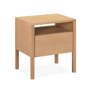 Table de chevet moderne minimaliste en teck massif avec 1 tiroir à fermeture douce, OEM ODM, commande en gros, fournisseur d'exportation de meubles de chambre - Product Image 1