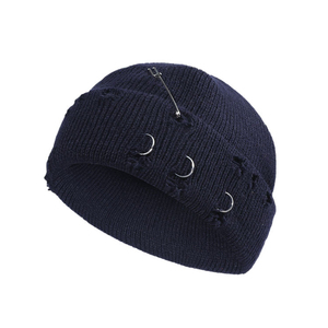 Bonnet tricoté unisexe avec rivets métalliques et épingles, style punk, casquette d'hiver noire unie, 56-58 cm, décontracté pour adultes - Product Image 3