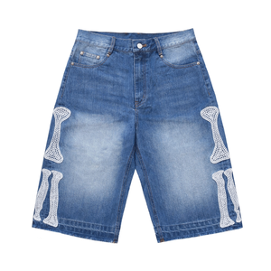 High Quality Embroidery Patchwork Jorts Baggy Distressed Washed Applique Raw Edge Denim Rhinestone <b>Jeans</b> Shorts <b>Men</b> - Product Image 1