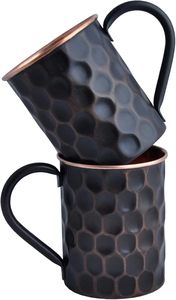 16oz Black Moscow Mule <b>Mugs</b> <b>Set</b> of 2 - Genuine Pure Copper Cups with Hammered Finish - Premium Handcrafted Metal Barware Bulk - Product Image 4