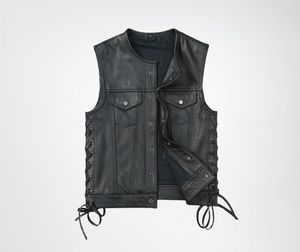 FAZMAX CORPORATION <b>Men's</b> <b>Black</b> Leather High Street Style V-neck Solid Color Breathable Quick Dry Winter Moto <b>Vest</b> Regular Length - Product Image 2