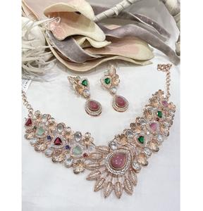 ชุดสร้อยคอพร้อมต่างหูดีไซน์สวยหรู คุณภาพเยี่ยม ชุบทองคำสีกุหลาบ ประดับเพชร CZ คู่ สำหรับงานแต่งงาน - Product Image 1