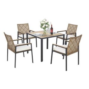 Set da Pranzo da Esterno in Legno di Acacia e Rattan a 5 Pezzi per Tutte le Stagioni, con Tavolo, Sedute Comode e Foro per Ombrellone - Product Image 4