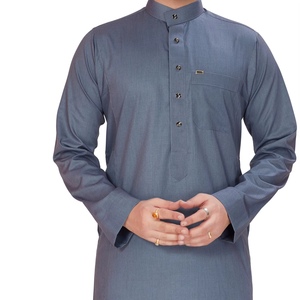 Robe musulmane traditionnelle arabe islamique légère pour hommes, bleu ardoise, à manches longues et col mandarin, style Thobe saoudien - Product Image 2