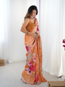 Elegant <b>Orange</b> Floral Printed Heavy Chinnon <b>Saree</b> With Mirror Work For Women Wedding Wear Casual Wear <b>Saree</b> - Product Image 2