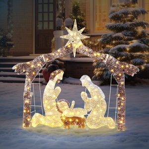 Presepe da Giardino con Tetto Marrone e 190 LED, Decorazione Natalizia con Gesù, Luci di Natale da 6 Piedi - Product Image 4