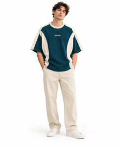 Custom Wholesale 240 GSM 100% Cotton Color Block <b>T</b>-<b>Shirt</b> Teal <b>Cream</b> Contrast Panel Boxy Oversized Tee Center Logo Unisex - Product Image 2