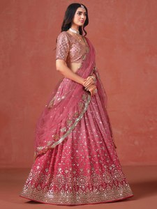 Pink Embroidered Organza Lehenga With <b>Sequined</b> Detailing V-Neck Short Sleeve Floor-Length Bridesmaid Dress A-Line Silhouette - Product Image 2