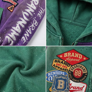 Sweat-shirt à capuche zippé pour homme BRANDNAME, vert et violet, patchwork, streetwear, surdimensionné, en coton tricoté, pour l'automne - Product Image 6
