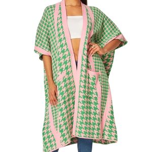 Cárdigan rosa y verde con estampado de pata de gallo para mujer, abrigo largo de punto con frente abierto, ropa exterior de moda, informal y elegante, para llevar en capas. - Product Image 1