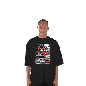 Camiseta Negra Extra Grande para Hombre con Estampado Gráfico de Carreras de Autos, Estilo Urbano, Manga Corta, Cuello Redondo, Diseño en Algodón - Product Image 1