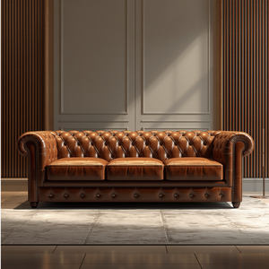 Sofá Chesterfield de Cuero Marrón de 3 Plazas, Proveedor de Fábrica, Sofá Acolchado para Sala de Estar, Vestíbulo de Hotel, Muebles de Exportación al por Mayor - Product Image 1