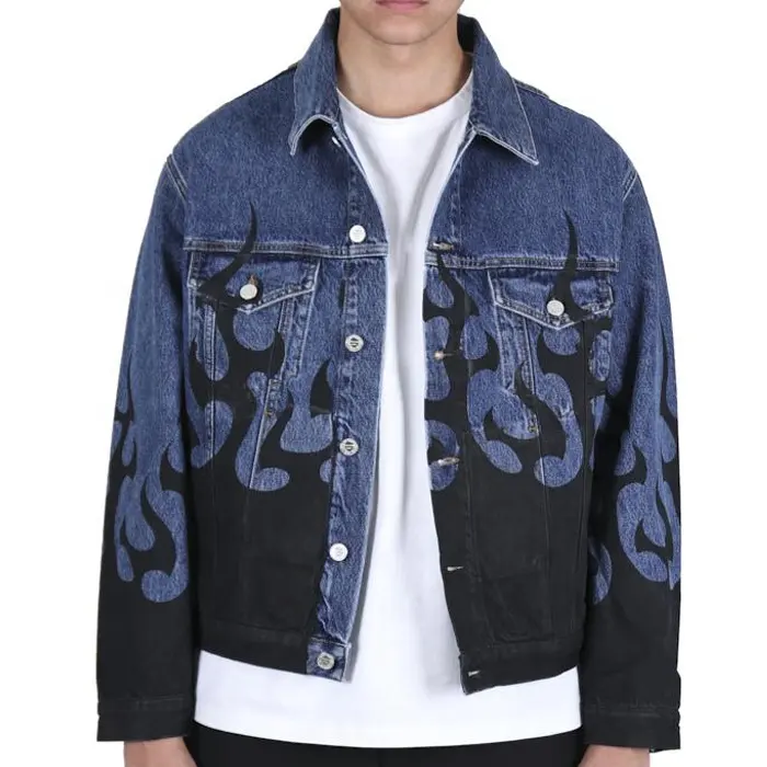 Unisex Men's Women Jacket Long Sleeve Biker Punk Winter Denim Flame Fire Print Jacket with Button For Wholesale