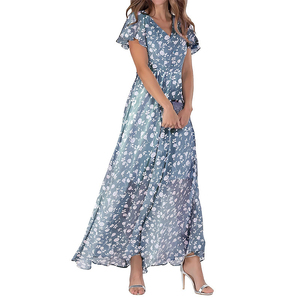 Robe longue trapèze 7112 pour femme, bleu clair, imprimé floral, taille froncée, pour invitée de mariage estival, 100 % polyester, vente en gros - Product Image 4