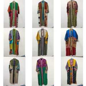 Robe Kimono Maxi Vintage en Soie Recyclée pour Femme, Élégante, Patchwork, Col en V, Cordon de Serrage, Respirante, Séchage Rapide, Idéale pour l'Été - Product Image 1