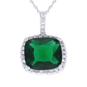 Collier pendentif émeraude taille coussin avec halo de moissanite et diamant en argent sterling 925 massif - Product Image 2