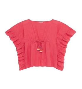 Robe de plage rouge corail mignon pour filles, Kaftan Boho, robe à volants, décor de maillot de bain, avec pompon et glands, artisanal, en coton doux, - Product Image 1