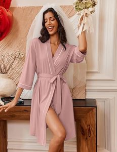 Women's Pink Solid Color Wrap <b>Robe</b> With 3/4 Sleeves And Belt For Home Wear Adult Size - Product Image 5