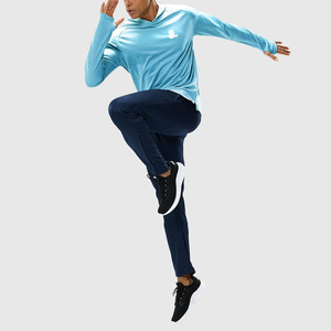 Camiseta con Capucha de Manga Larga Azul Claro para Hombre, Color Sólido, Deportiva, Tejida, de Secado Rápido, Corte Ajustado, 100% Algodón, Talla Grande - Product Image 4