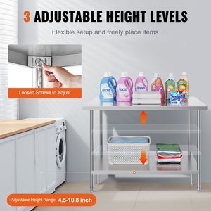 Tavolo da Preparazione Resistente 30 X 48 X 34 Pollici, Capacità di Carico 880 Libbre, 3 Altezze Regolabili, in Acciaio per Cucina Commerciale - Product Image 5