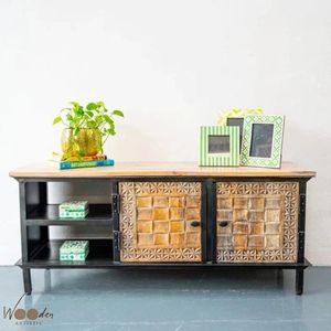 Industrial Mango Wood TV Stand Side Cabinet Storage <b>Console</b> <b>Table</b> with Iron Frame <b>for</b> Living Room Farmhouse Home - Product Image 1