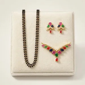 Ensemble de collier et boucles d'oreilles en cristal indien Mangal Sutra plaqué or avec pierres CZ et perles noires, bijoux de mariée pour mariage - Product Image 1