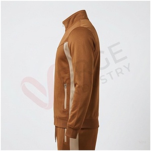 Ensemble de survêtement marron pour homme, manches longues, col montant, fermeture éclair sur le devant, couleur unie, respirant, coupe décontractée, vêtements d'automne - Product Image 3