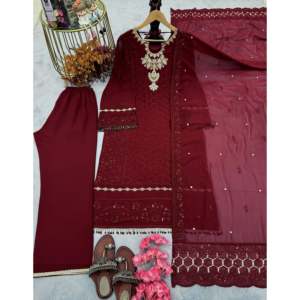 Ensembles pour femmes de créateur, haut en faux georgette lourd pur, palazzo et dupatta pour un look de soirée - Product Image 4