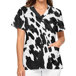 Women's <b>Cow</b> <b>Print</b> Scrub <b>Top</b> Short Sleeve V-Neck With Pockets Hospital Uniform Blouse - Product Image 3