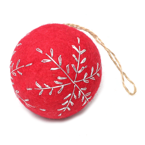 Red Felt Ball Ornament with Silver Leaf Embroidery Handcrafted Decor for Indoor Use | Christmas Felt Ornaments Bulk - Product Image 1