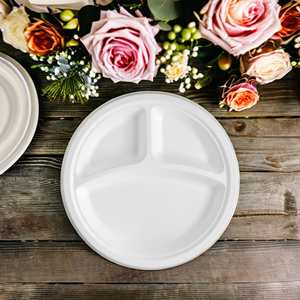 Bagazo de caña de azúcar 10 pulgadas 3 compartimentos Biodegradable Desechable Ecológico Placas redondas Compostables con 3 compartimentos - Product Image 4