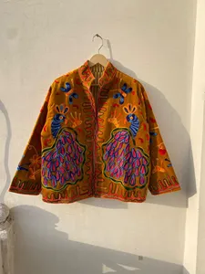 เสื้อแจ็คเก็ตกำมะหยี่สีเหลืองมัสตาร์ดปักลายพาวน์คอคแบบซูซานี งานแฮนด์เมด สไตล์โบโฮ แฟชั่นเสื้อคลุมผู้หญิงสำหรับฤดูใบไม้ร่วง - Product Image 1
