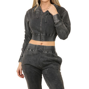 Conjunto Deportivo de Dos Piezas para Mujer, Estilo Vintage, Lavado Ácido, Algodón, Cierre de Cremallera, Diseño Sólido, Sudadera con Capucha Larga, Informal, para Invierno - Product Image 2