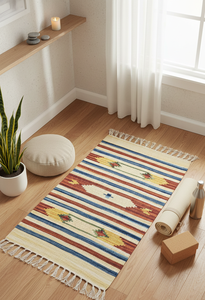 Tapis en coton tissé à la main, motif floral moderne, beige, lavable en machine, écologique, multicolore, pour prière, pique-nique, maison - Product Image 3