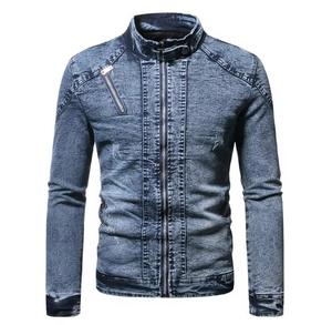 Veste en jean unisexe coupe ajustée, col montant, fermeture éclair, bleu délavé, style décontracté, manches classiques, pour l'hiver, respirante, devant zippé - Product Image 1