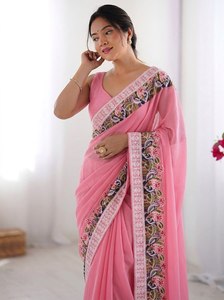 Exclusivo Saree de Georgette con Diseño de Diseñador y Blusa Elegante, Estilo Étnico Moderno y a la Moda - Product Image 4