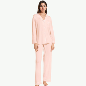 Ensemble de pyjama pour femmes en coton 100% respirant, manches longues, boutons sur le devant, bleu marine uni, vêtements de nuit classiques, deux pièces, vêtements de maison - Product Image 3