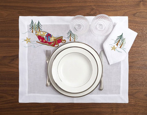 Custom Wholesale Embroidery Sleigh & <b>Christmas</b> <b>Tree</b> Placemat Napkin Set 100% Linen Machine Washable Mats for Holiday Home Events - Product Image 6