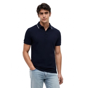 Camiseta Polo de Algodón Azul Marino de Manga Corta para Hombre, Cuello con Ribete, Corte Ajustado, Moda Verano, Uso Diario, Ropa de Marca Personalizada - Product Image 1