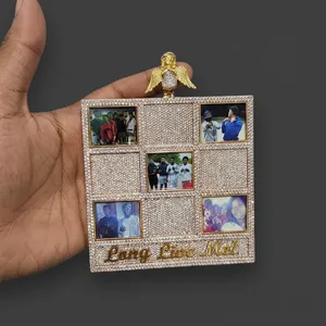 Customized 5-Picture Memory Grid Square Iced Diamond Photo <b>Locket</b> Angel Top Hip Hop Unisex Gold Pendant Charm Gift Engagement - Product Image 4