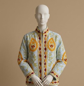 Veste Suzani de luxe en velours blanc brodée de fleurs, manches longues, col montant, style bohème, pour femme, vêtement d'extérieur d'automne - Product Image 2