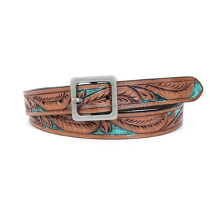 Super Quality Hand Carved Leaf Embossed Brown Western <b>Leather</b> <b>Tooling</b> Belt for Unisex with Matt Silver Brass Buckle - Product Image 2