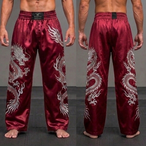 Men's <b>Red</b> <b>Silk</b> Kung Fu Pants Hand Embroidered Dragon Loose Fit Breathable Martial Arts Wear With Cheap Price & OEM Service - Product Image 6