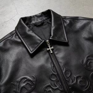 <b>Men's</b> Gothic Embossed Faux Leather <b>Jacket</b> Silver Cross Zip Streetwear Bomber Turn-down Collar Dark Luxury Coat - Product Image 3