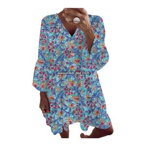 Vestido Informal de Algodón con Estampado Floral, Estampado a Mano, Estilo Indio, Lujoso y Romántico, para Primavera/Verano, con Mangas Campana, Transpirable - Product Image 4