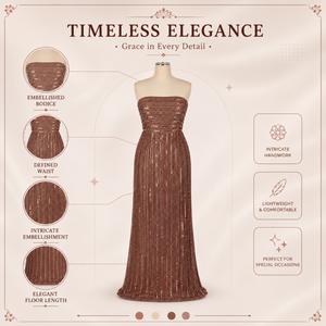 Vestido de Noche Elegante sin Tirantes con Lentejuelas en Oro Rosa para Mujer |   Elegante Vestido Largo Formal con Cuello Tubo |   Ropa de Fiesta para Invitados de Boda - Product Image 5