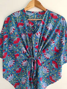 Elegante Vestido Kaftán de Algodón con Estampado Floral Azul, Estilo Bohemio, Holgado, Informal, para Vacaciones de Verano - Product Image 4