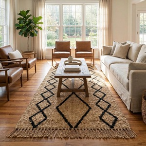 Alfombra de Yute Geométrica Hecha a Mano, Rectangular, Estilo Bohemio con Flecos, Negra y Beige, para Sala de Estar, Grosor Medio - Product Image 4